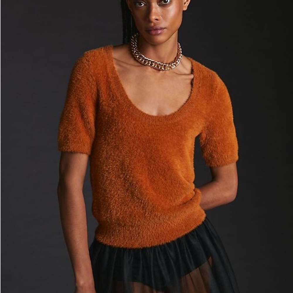 Maeve Orange Fuzzy Short Sleeve Sweater
